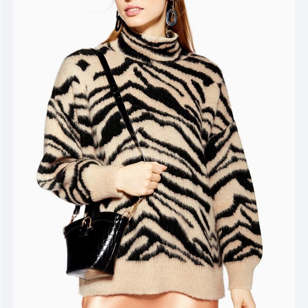 Topshop moving zebra print oversized funnel jumper